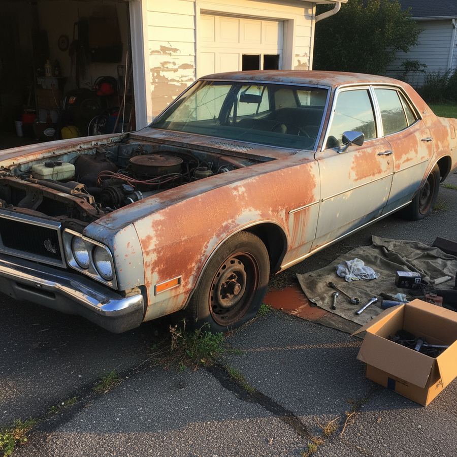 Older luxury car parked with a for-sale sign and visible wear