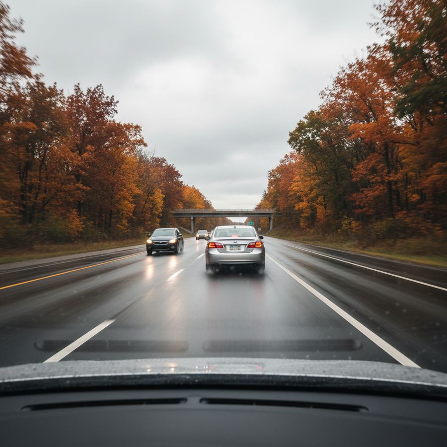 Vehicle driving on a wet Ontario highway during a morning commute