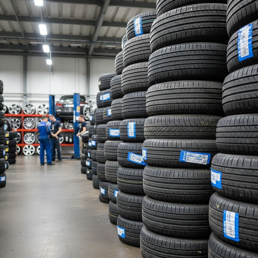Stacks of budget tires at a tire shop with price stickers visible