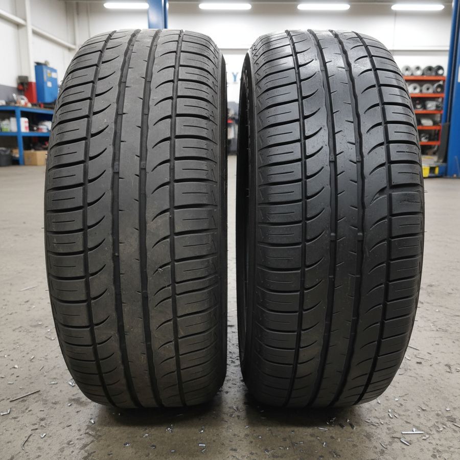 Two tires on a shop floor, one budget and one midrange, showing tread pattern differences