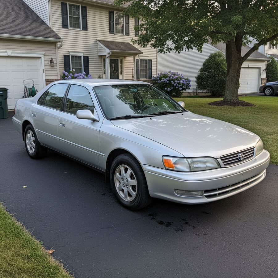 Older well-maintained sedan in a residential driveway