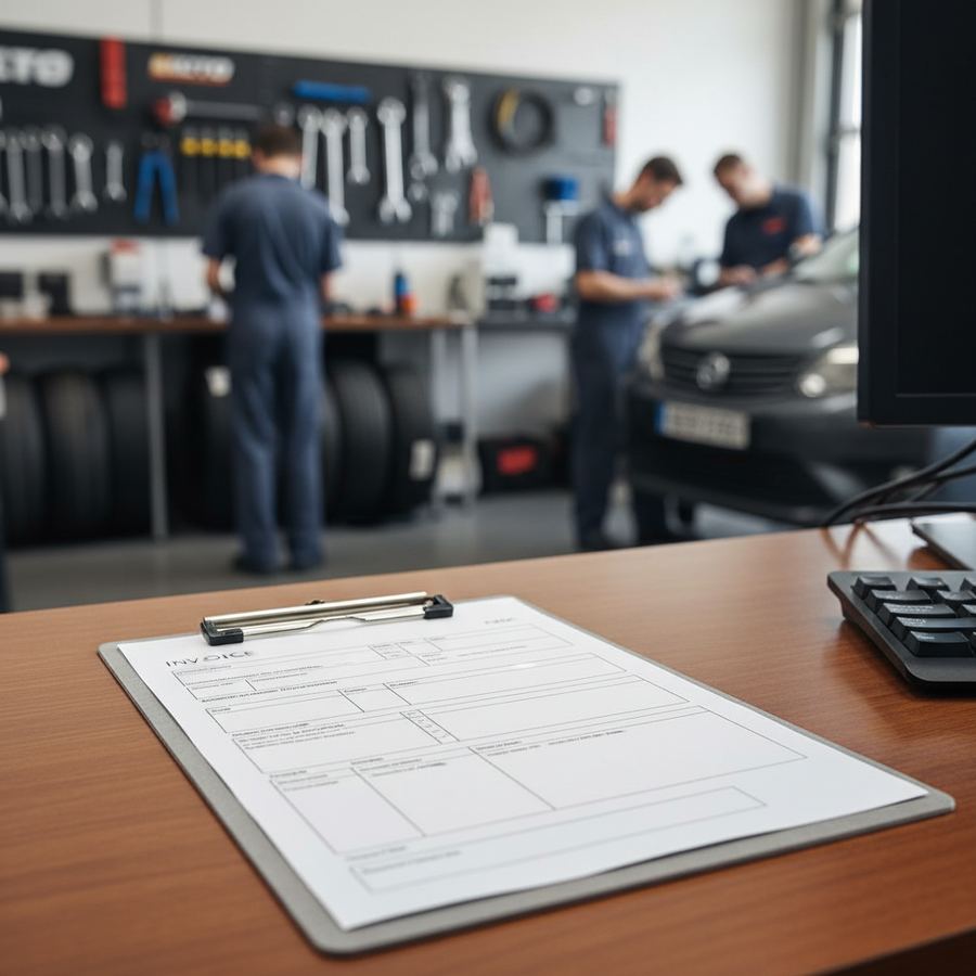 Auto repair estimate printed on a shop counter next to a clipboard