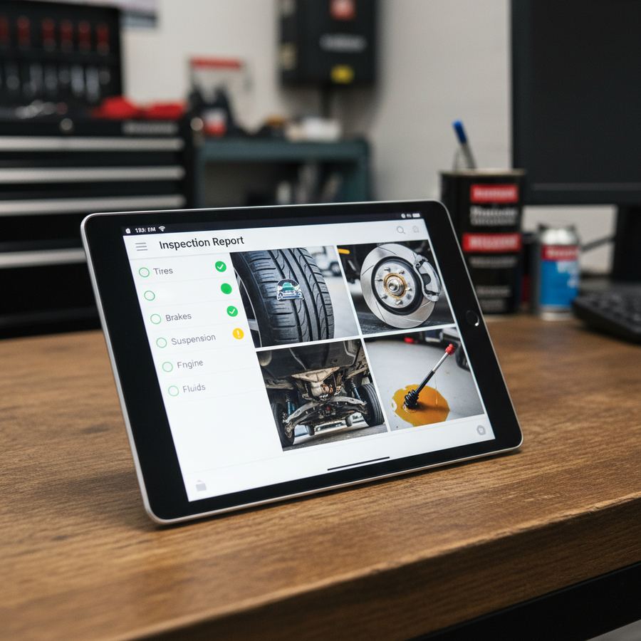 Technician photographing a brake rotor during a digital vehicle inspection