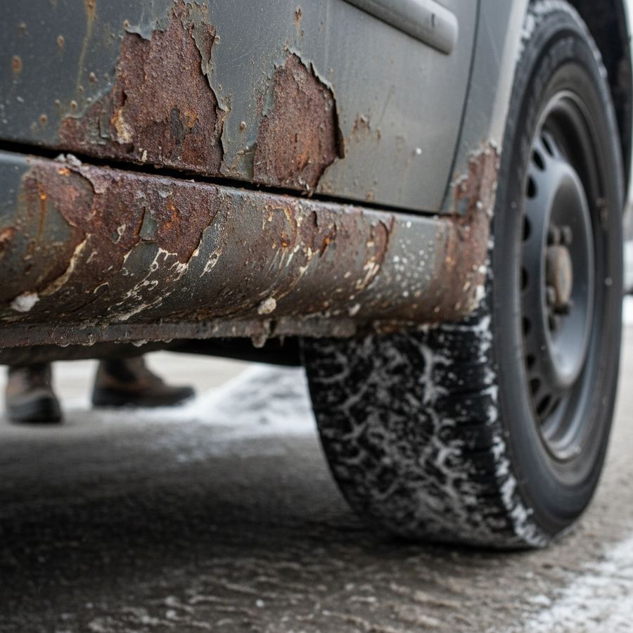 Surface rust forming along a vehicle rocker panel seam near the wheel well