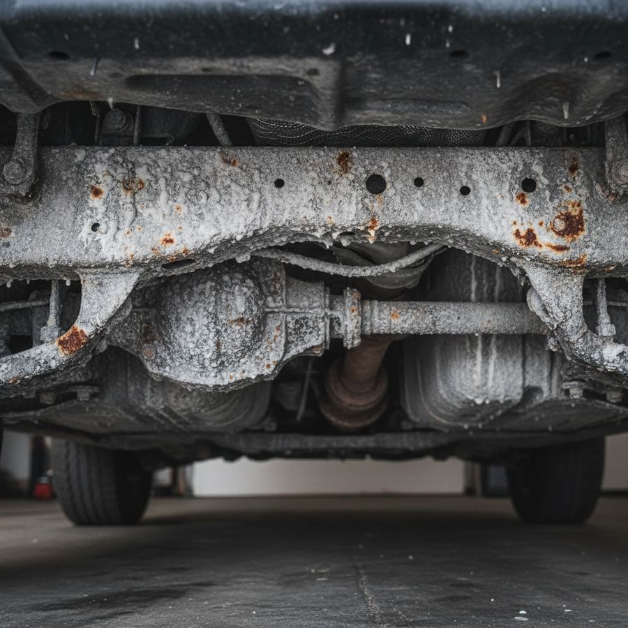 Close-up of corroded brake lines and underbody components on a salt-exposed vehicle