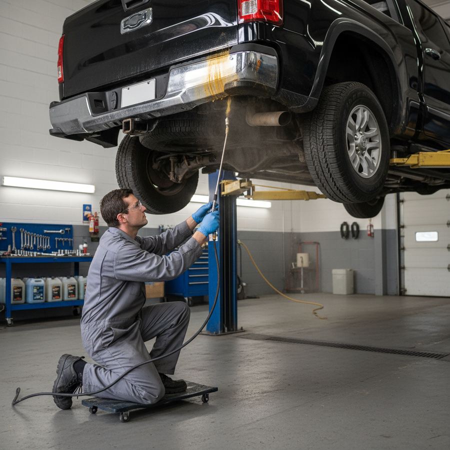 Ontario vehicle on a hoist showing underbody rust proofing application