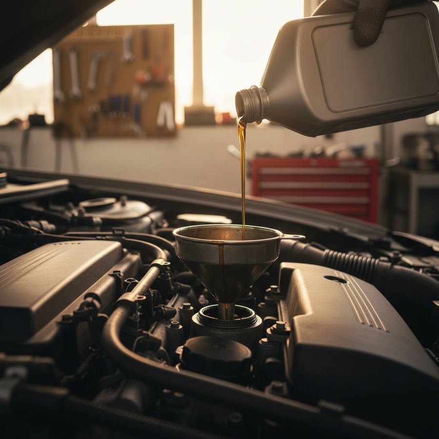 Mechanic checking engine oil level during routine maintenance