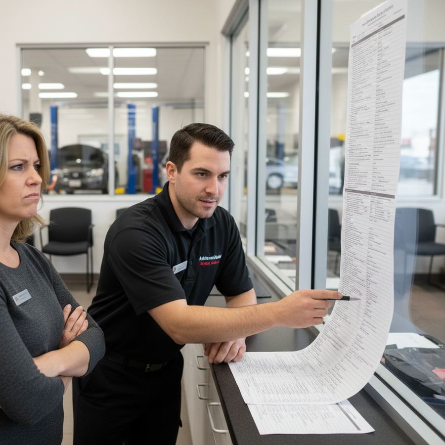 Mechanic reviewing a vehicle service checklist on a clipboard in a shop bay