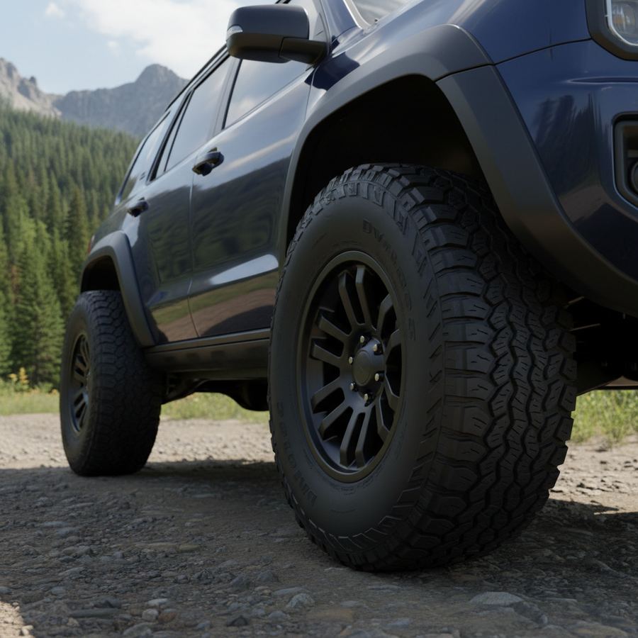 Four matching tires lined up side by side on a garage floor
