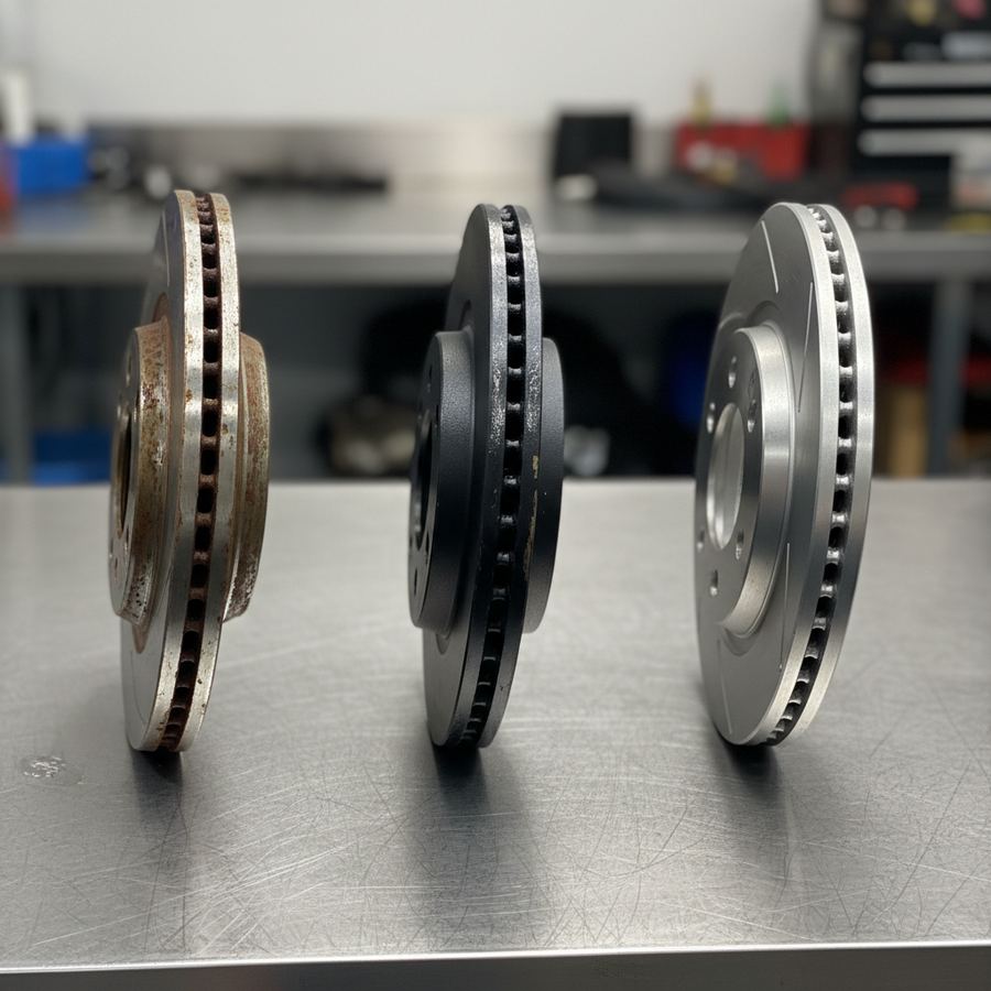 OEM used alternator next to an aftermarket replacement on a shop bench