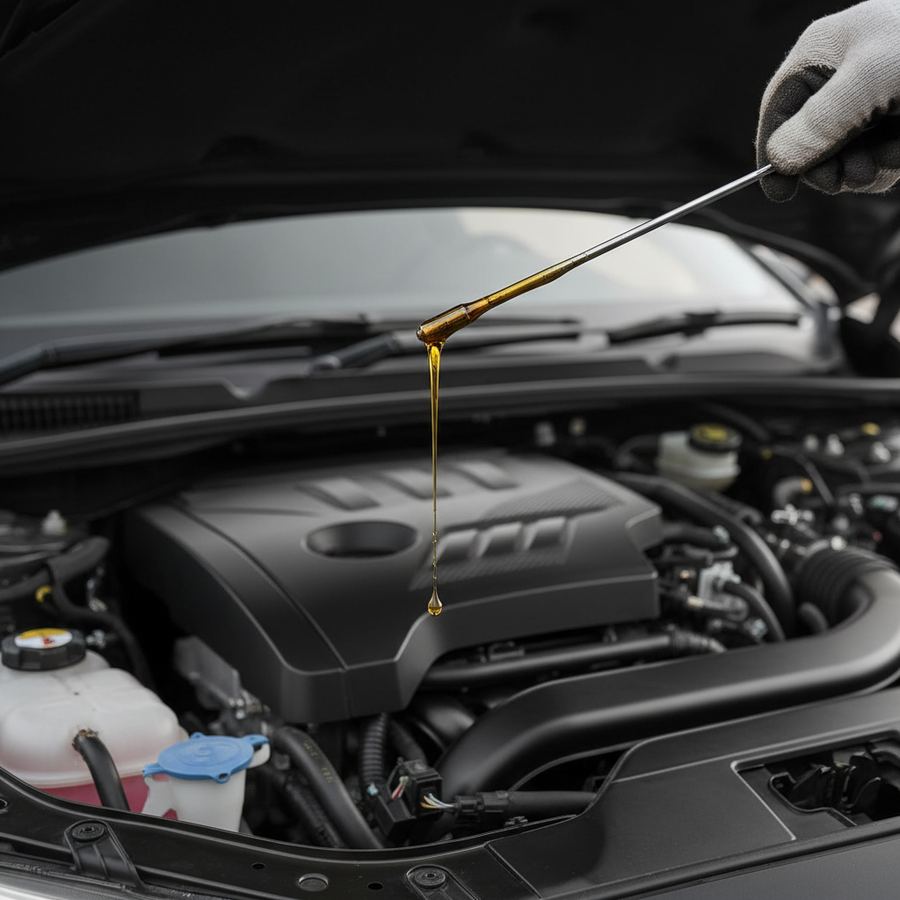 Used motor oil draining from an engine oil pan during a routine oil change