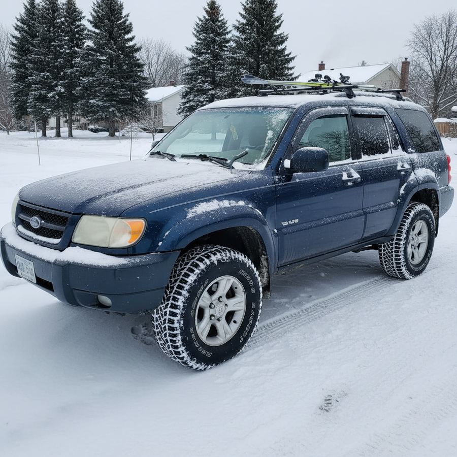 Vehicle covered in snow in an Ontario driveway with winter tires visible