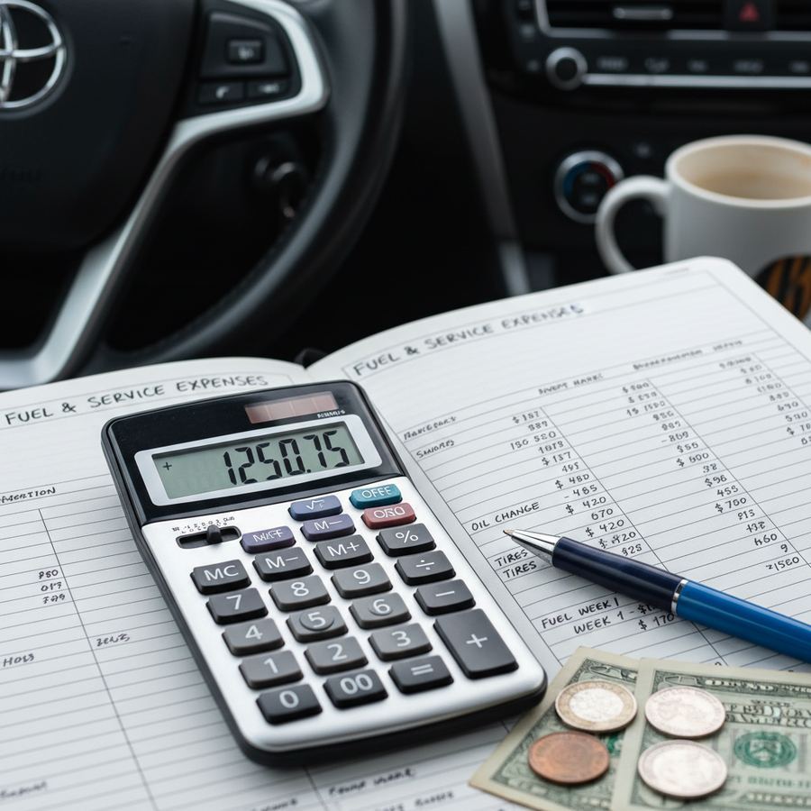 Calculator and car keys on a desk representing vehicle budgeting
