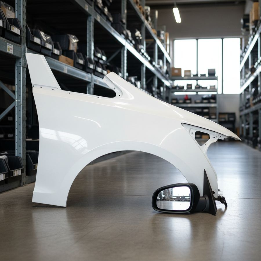 Rows of organized used auto parts on shelving at a salvage yard