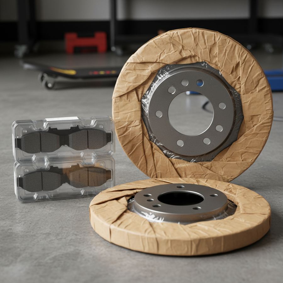 New brake pads and a timing belt kit laid out on a clean workbench