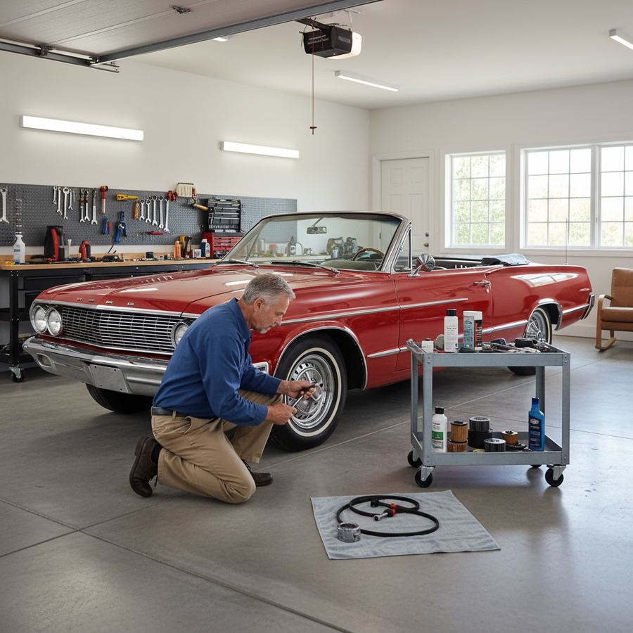 Older pickup truck on a hoist with underbody visible during corrosion inspection