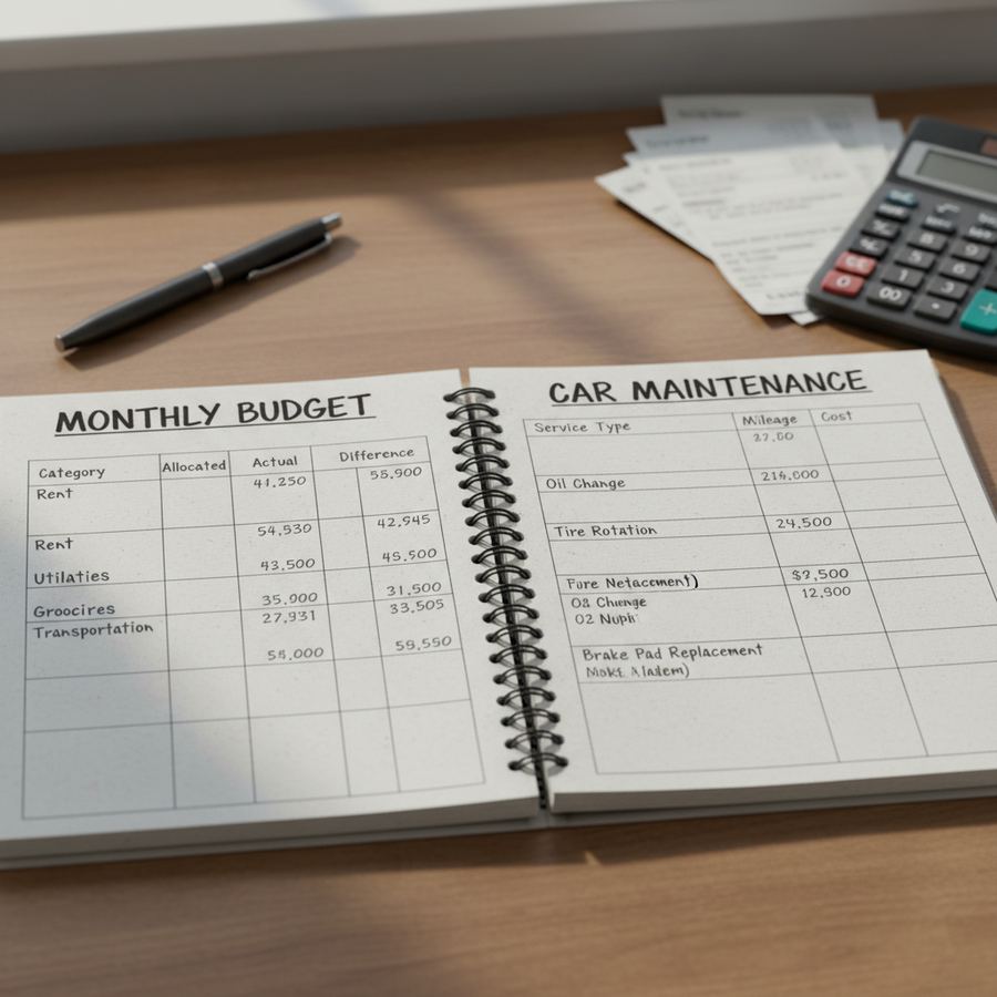 Calculator and notepad on a kitchen table next to car keys