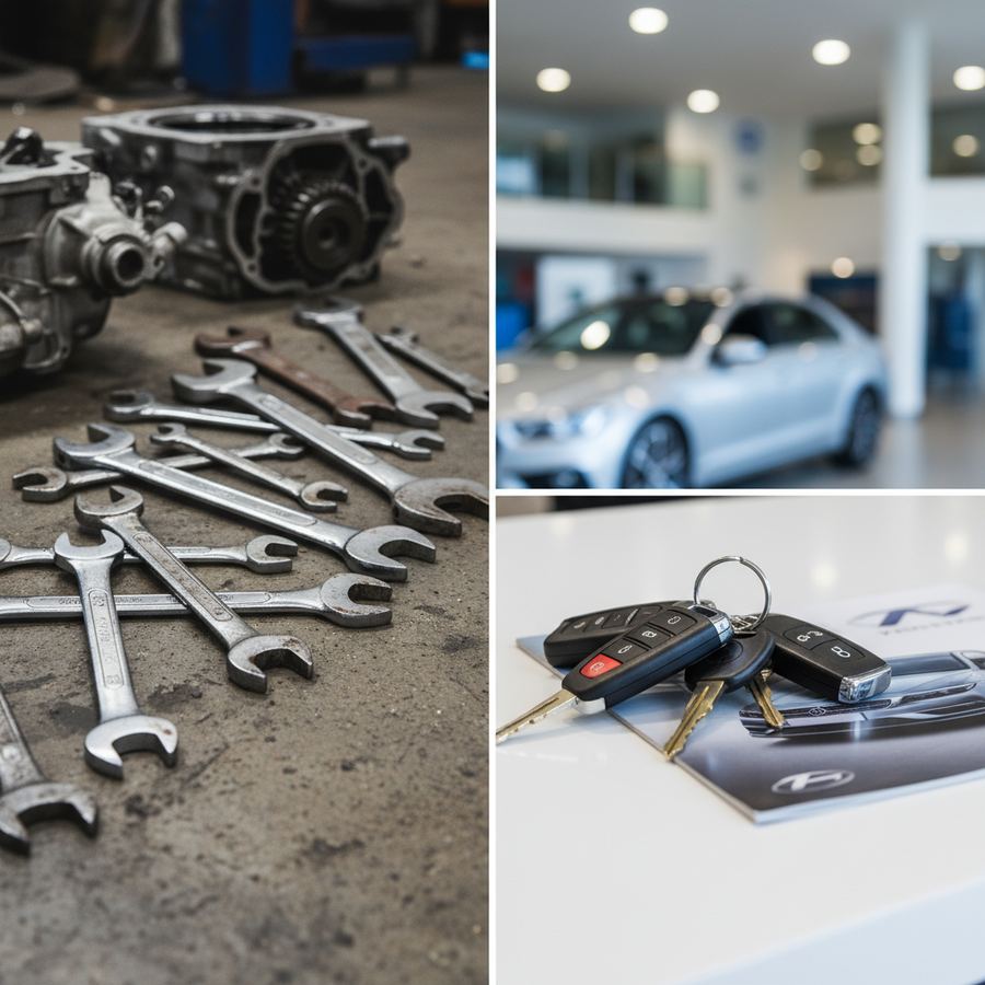Older sedan on a shop lift with a mechanic inspecting the underside