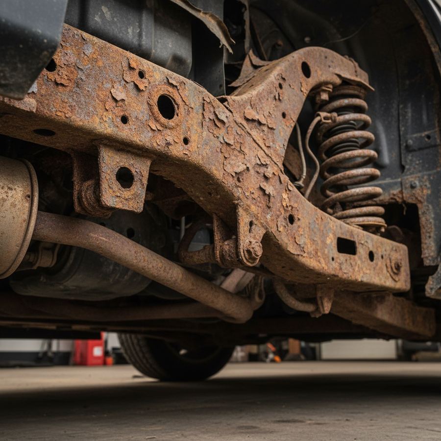 Heavily rusted vehicle subframe showing structural deterioration on the underside of a car