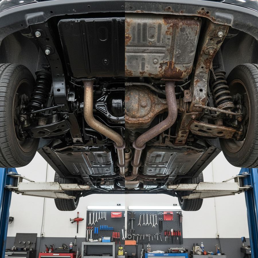 Underside of a vehicle showing underbody panels and frame rails during a rust proofing inspection