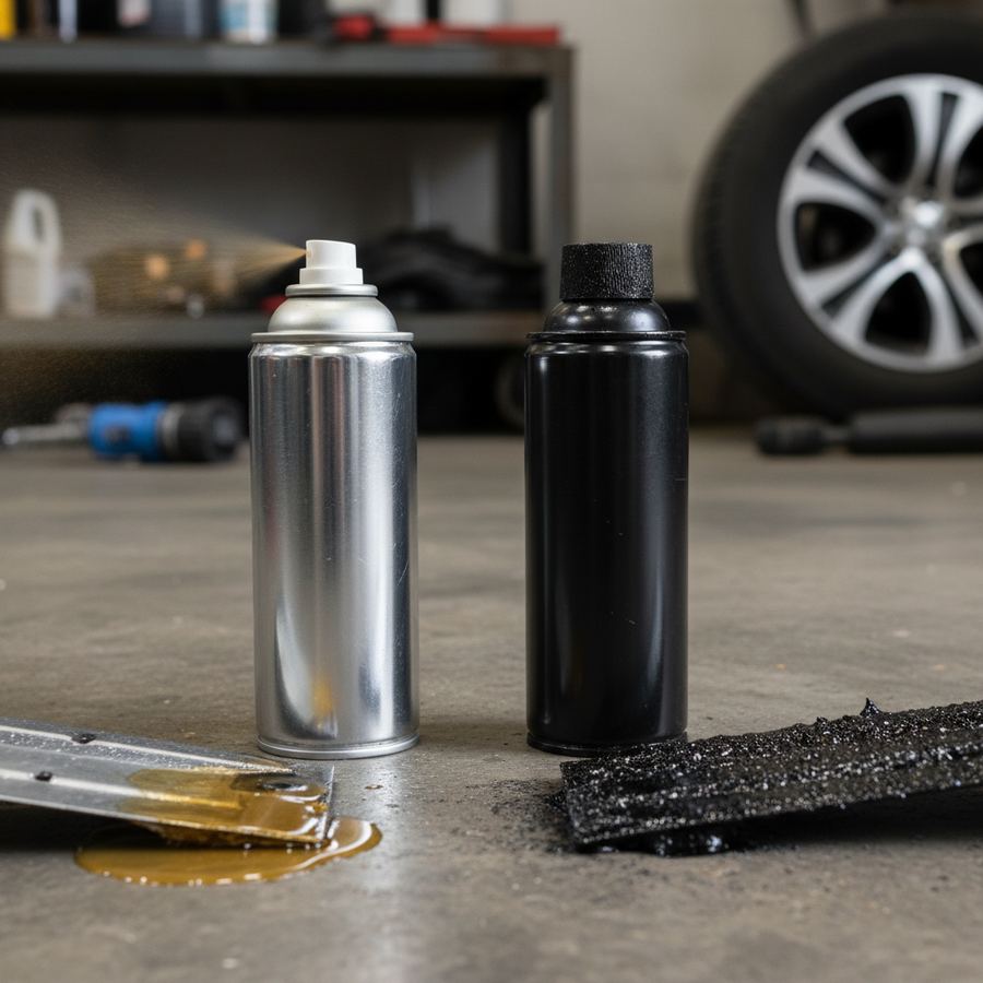 Comparison view of oil-based rust proofing and rubberized undercoating on vehicle underbody panels