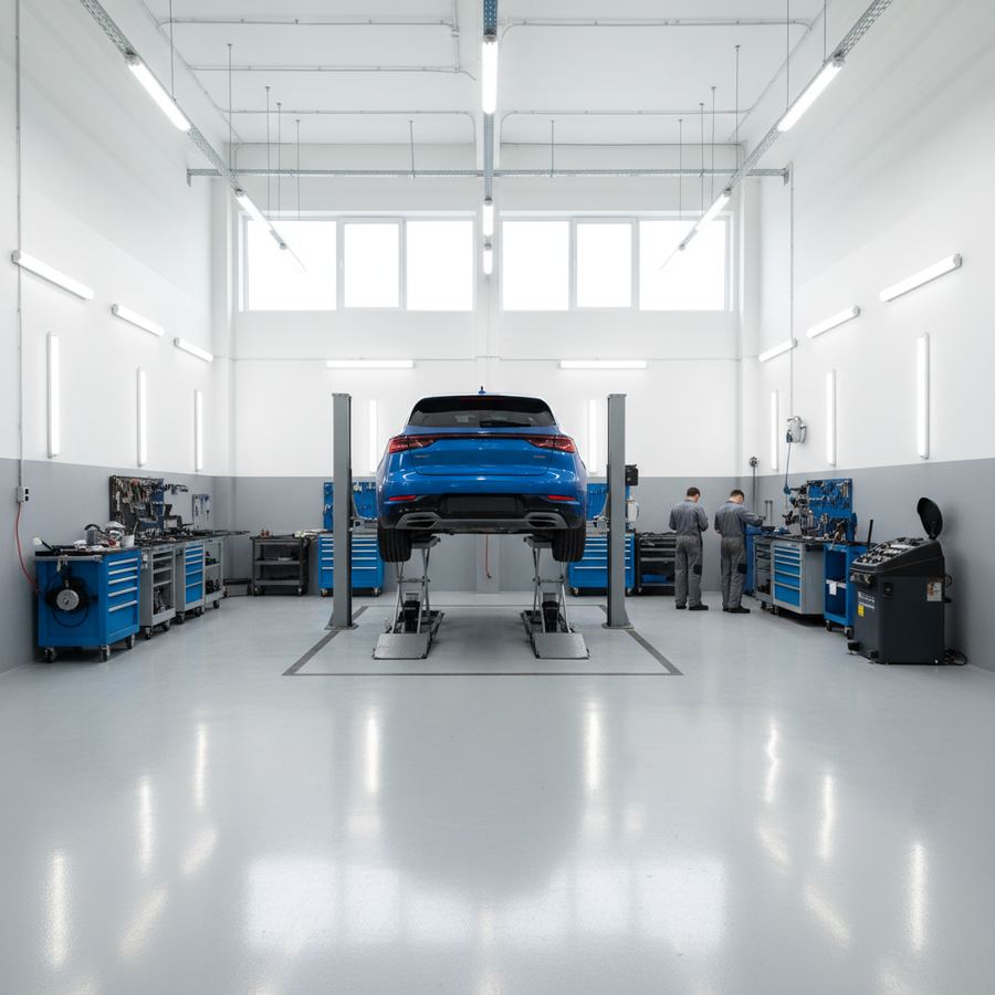 Auto repair shop bay with a vehicle on a lift