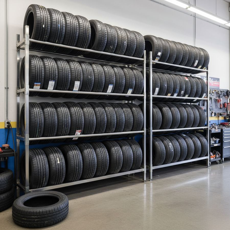Close-up of tire tread depth being measured with a gauge