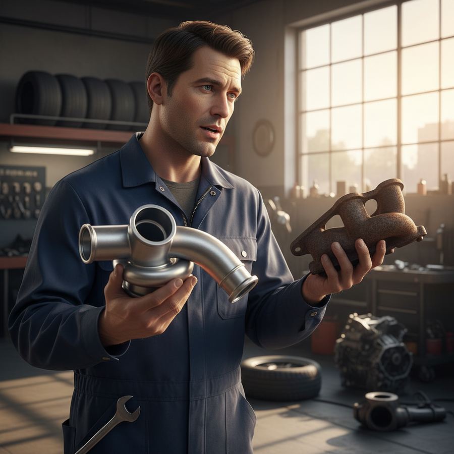 Three auto parts on a workbench representing used OEM, aftermarket, and new OEM options