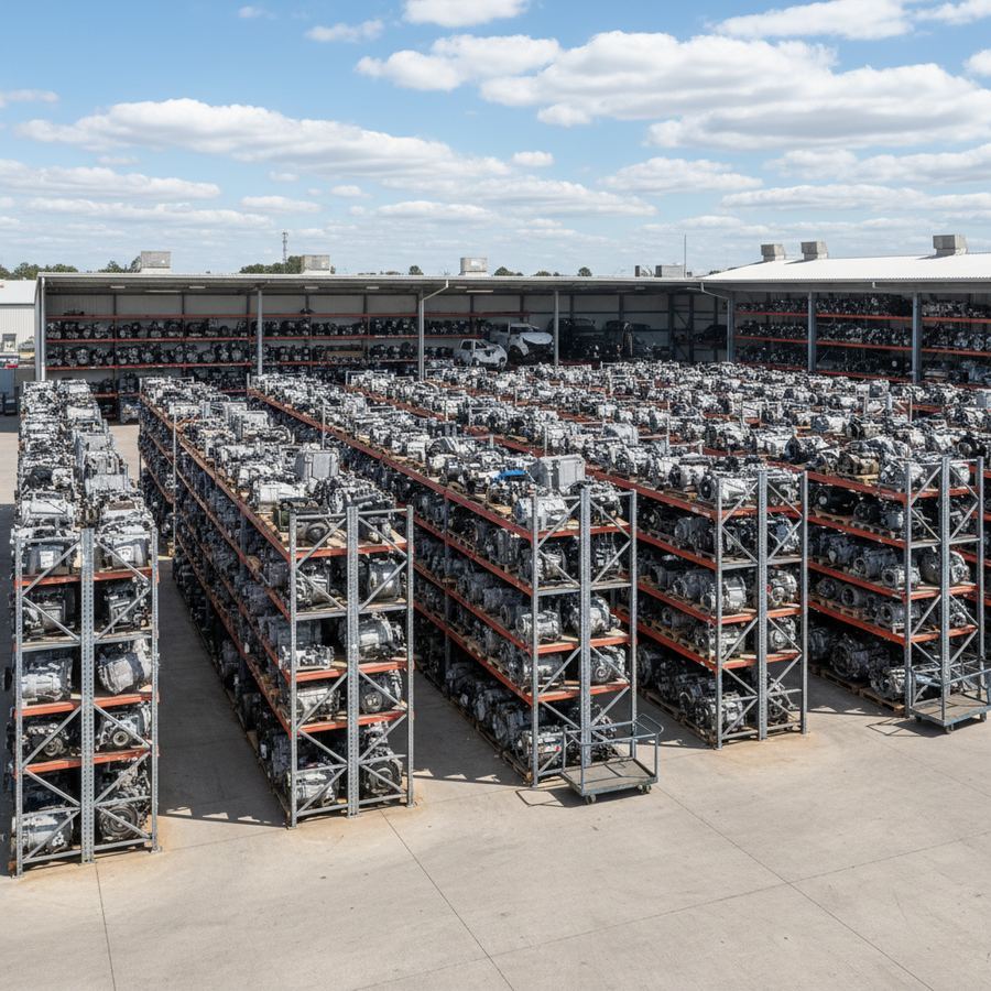 Organized salvage yard with rows of vehicles for parts