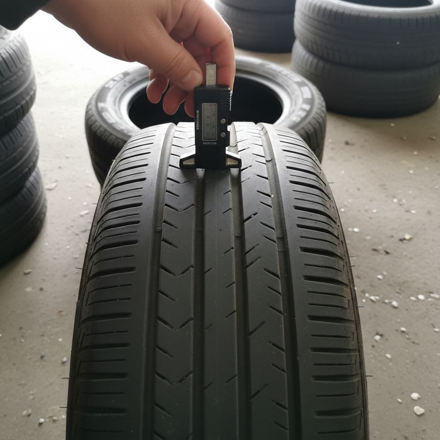 Used tires on a rack at a tire shop with varying tread depths visible