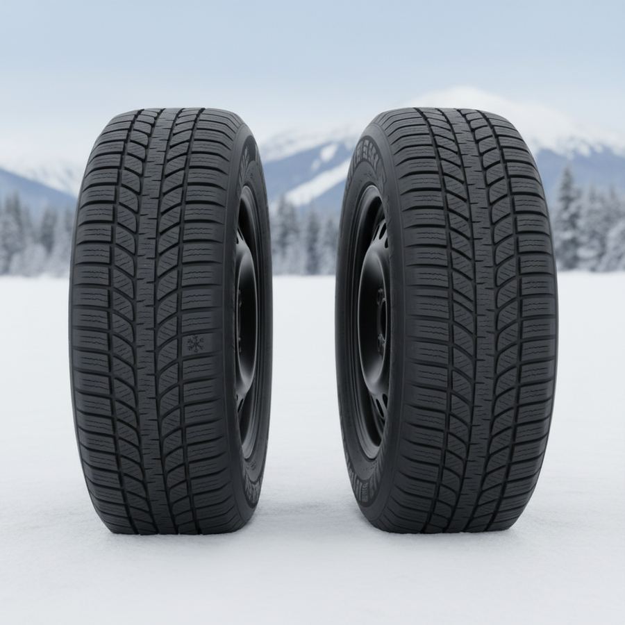 Two tires side by side on a snowy Ontario driveway, one winter and one all-weather